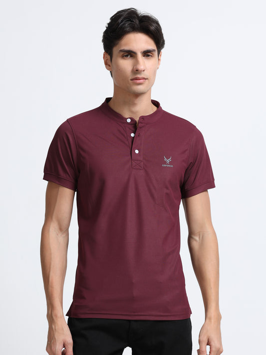 Men’s Maroon Premium Mandarin Collar Polo T-Shirt – Soft Breathable Polyester, Modern Henley Style, Everyday Comfort Wear