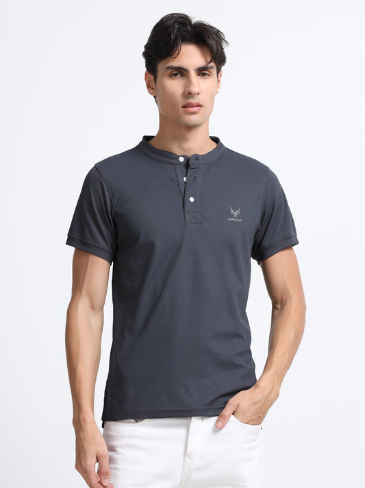 Men’s Grey Premium Mandarin Collar Polo T-Shirt – Soft Breathable Polyester, Modern Henley Style, Everyday Comfort Wear