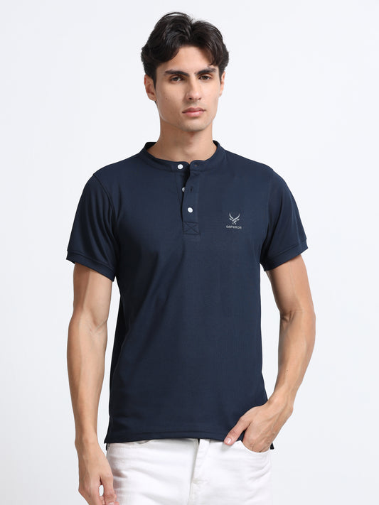 Men’s Navy Premium Mandarin Collar Polo T-Shirt – Soft Breathable Polyester, Modern Henley Style, Everyday Comfort Wear
