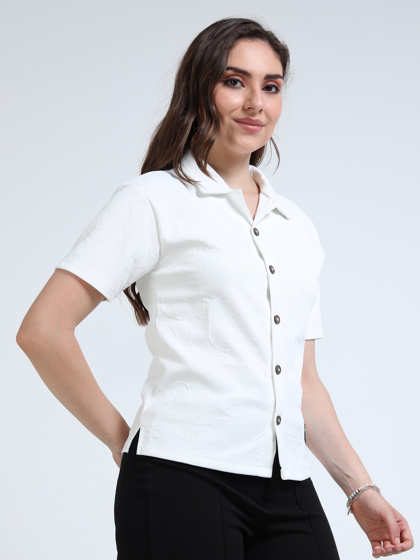 Women’s White Textured Button-Down Shirt – Short Sleeve Collared Top