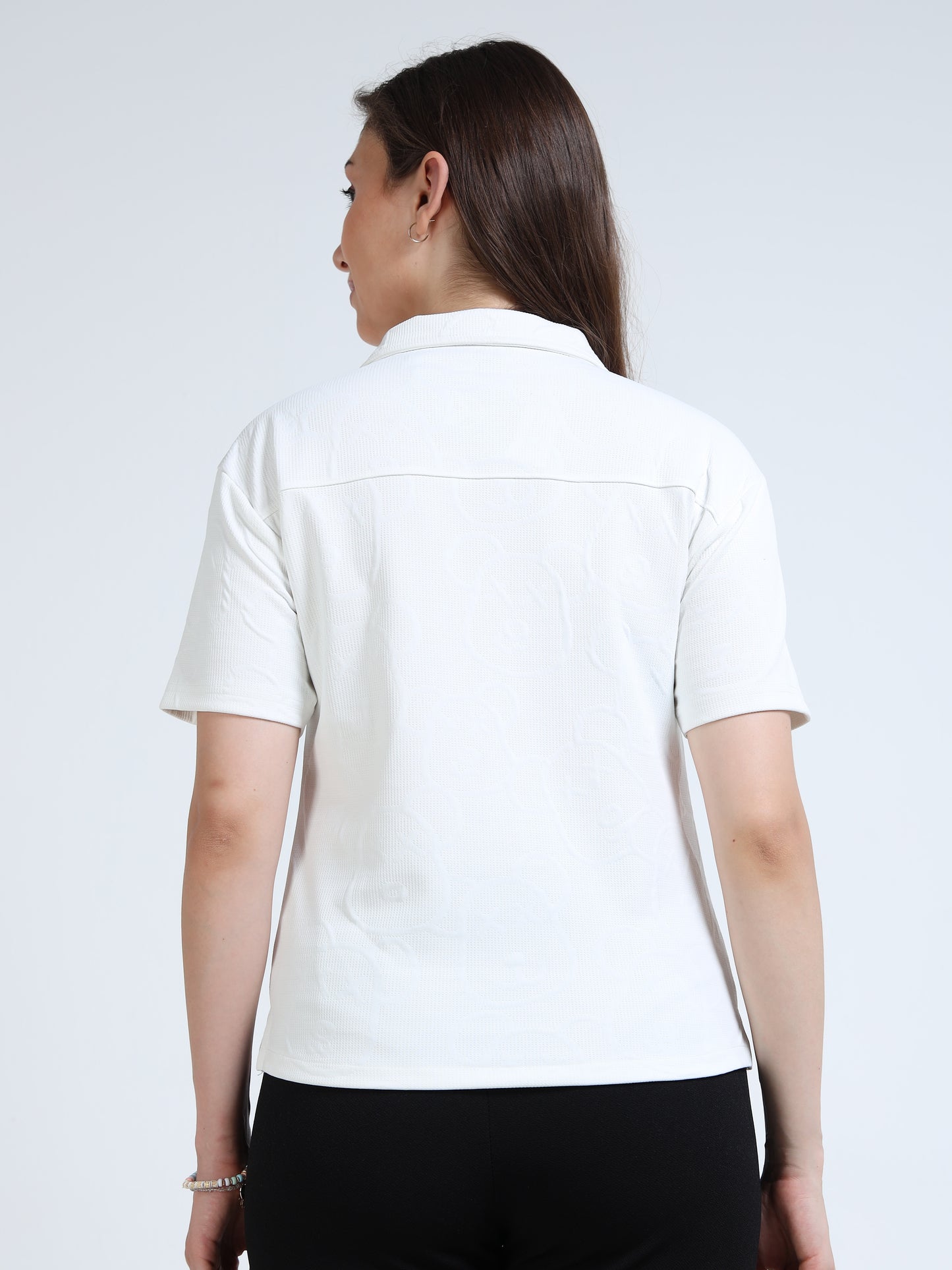 Women’s White Textured Button-Down Shirt – Short Sleeve Collared Top