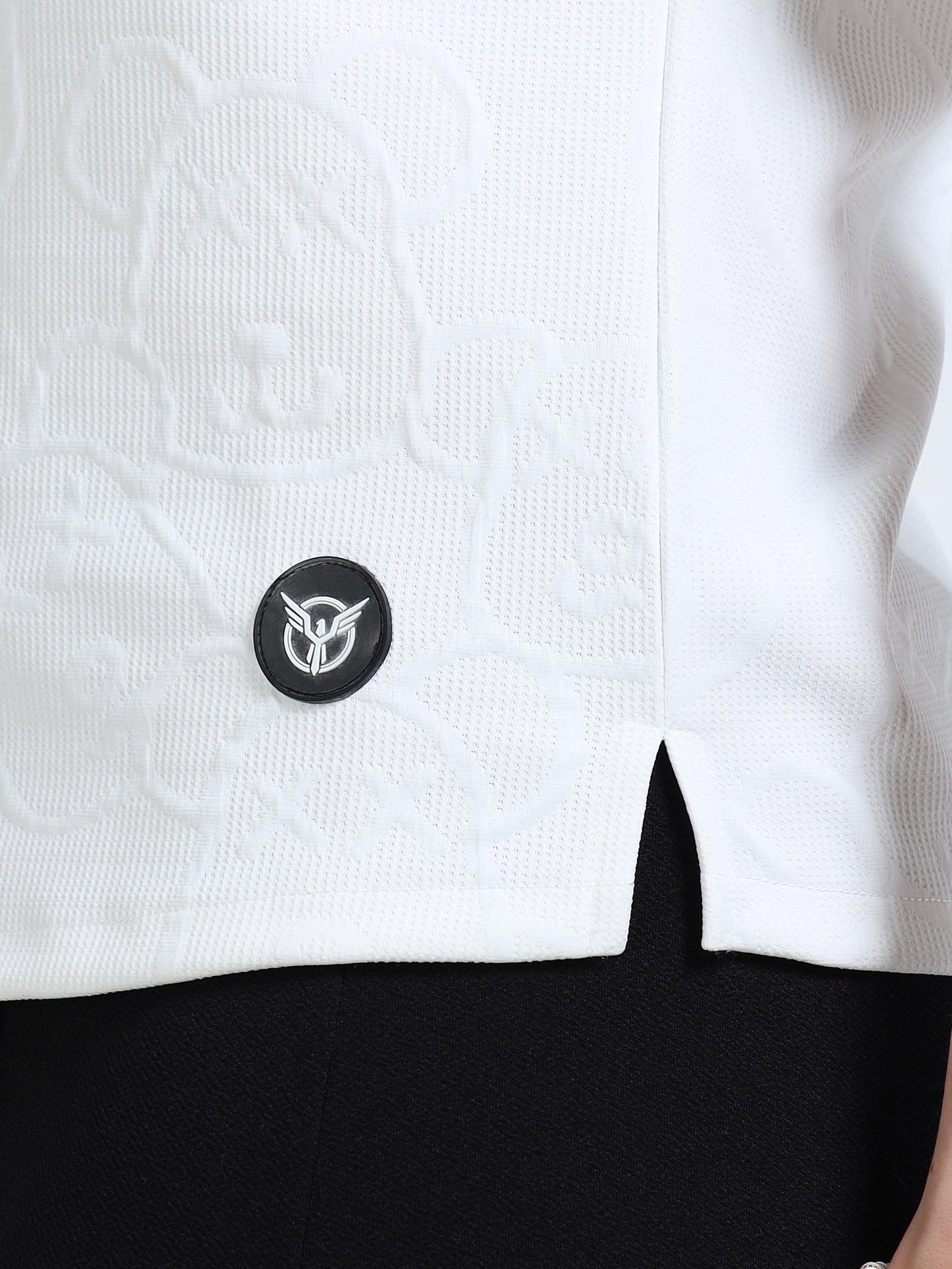 Women’s White Textured Button-Down Shirt – Short Sleeve Collared Top