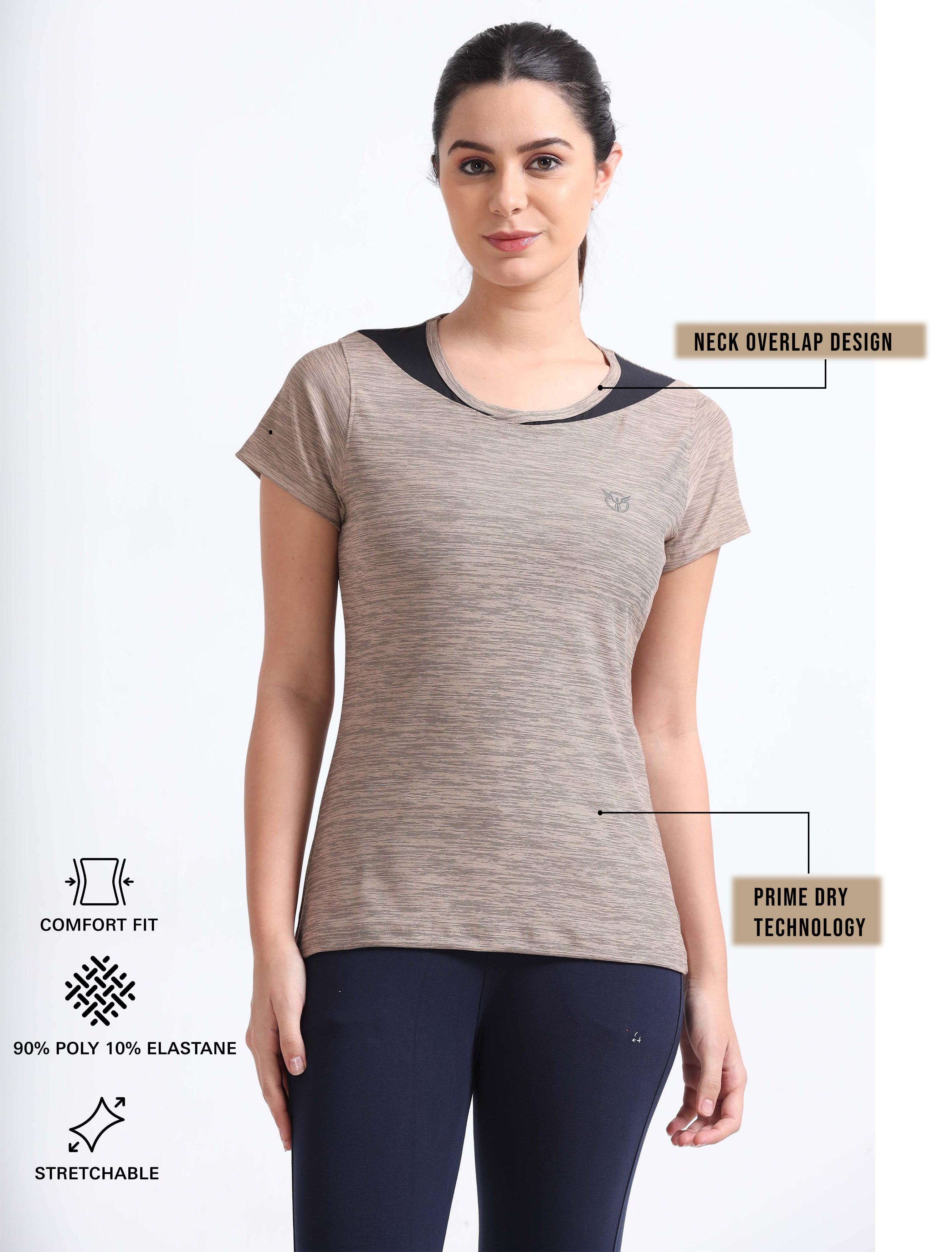 Activewear Warm Taupe Women Top - Overlap neck finish