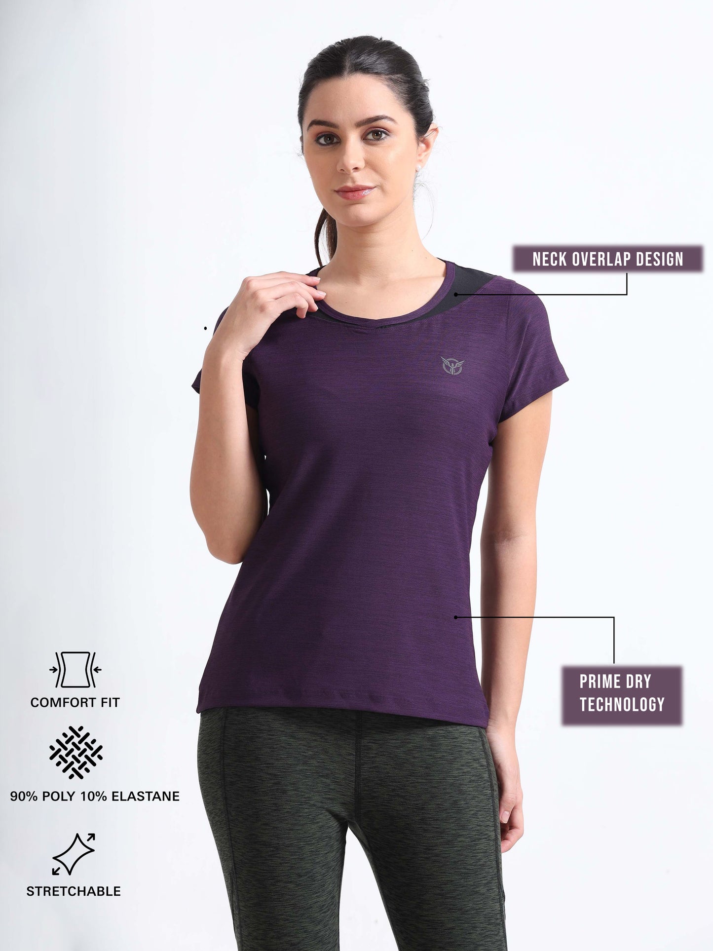 Activewear Purple Pennant Women Top - Overlap neck finish