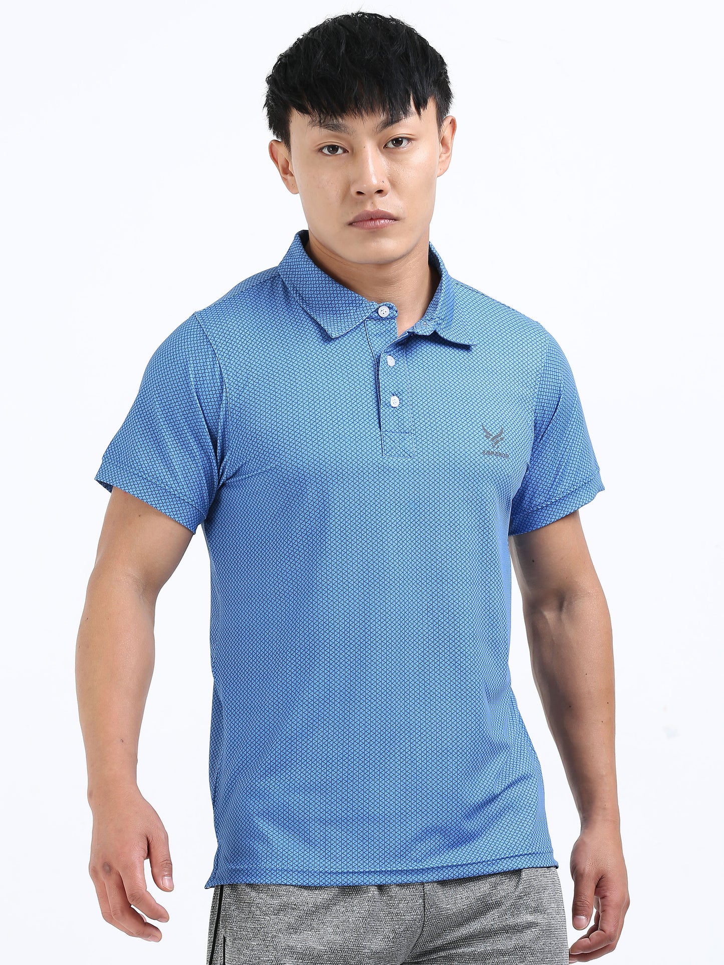 Men’s Azure Blue Patterned Polo T-Shirt – Casual & Smart Fit