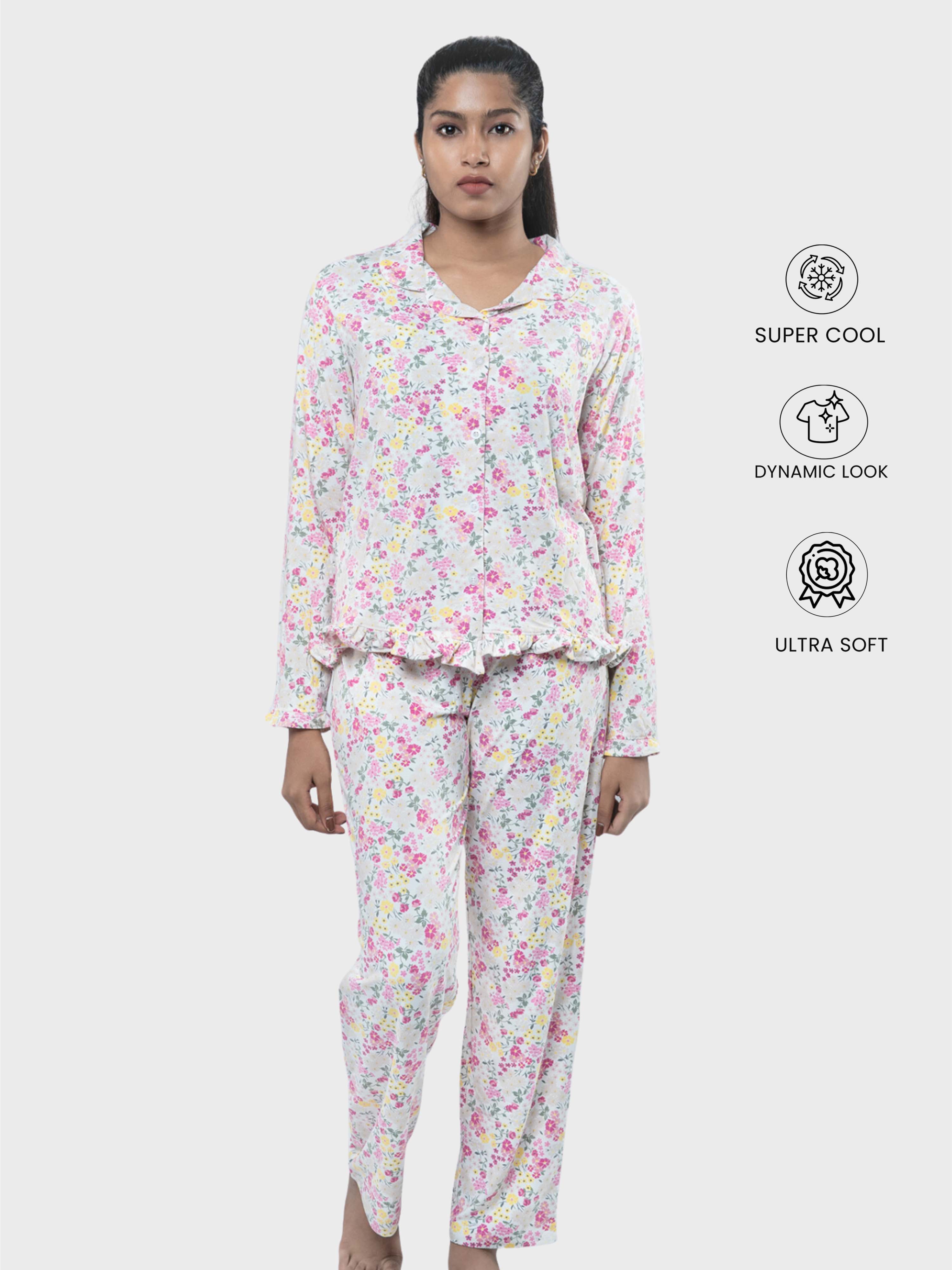 Snowlux :yummy Pj Set-full Open Top-full Length Pants-frilled Hem