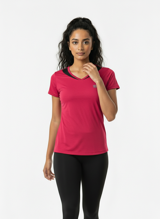 Women’s Deep Pink V-Neck Athletic T-Shirt with Contrast Neck Panel